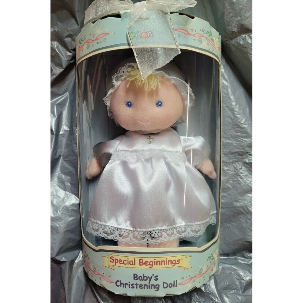 EDEN Special Beginnings Baby's Christening Baptism Doll 8" White Cross‎ Bonnet
